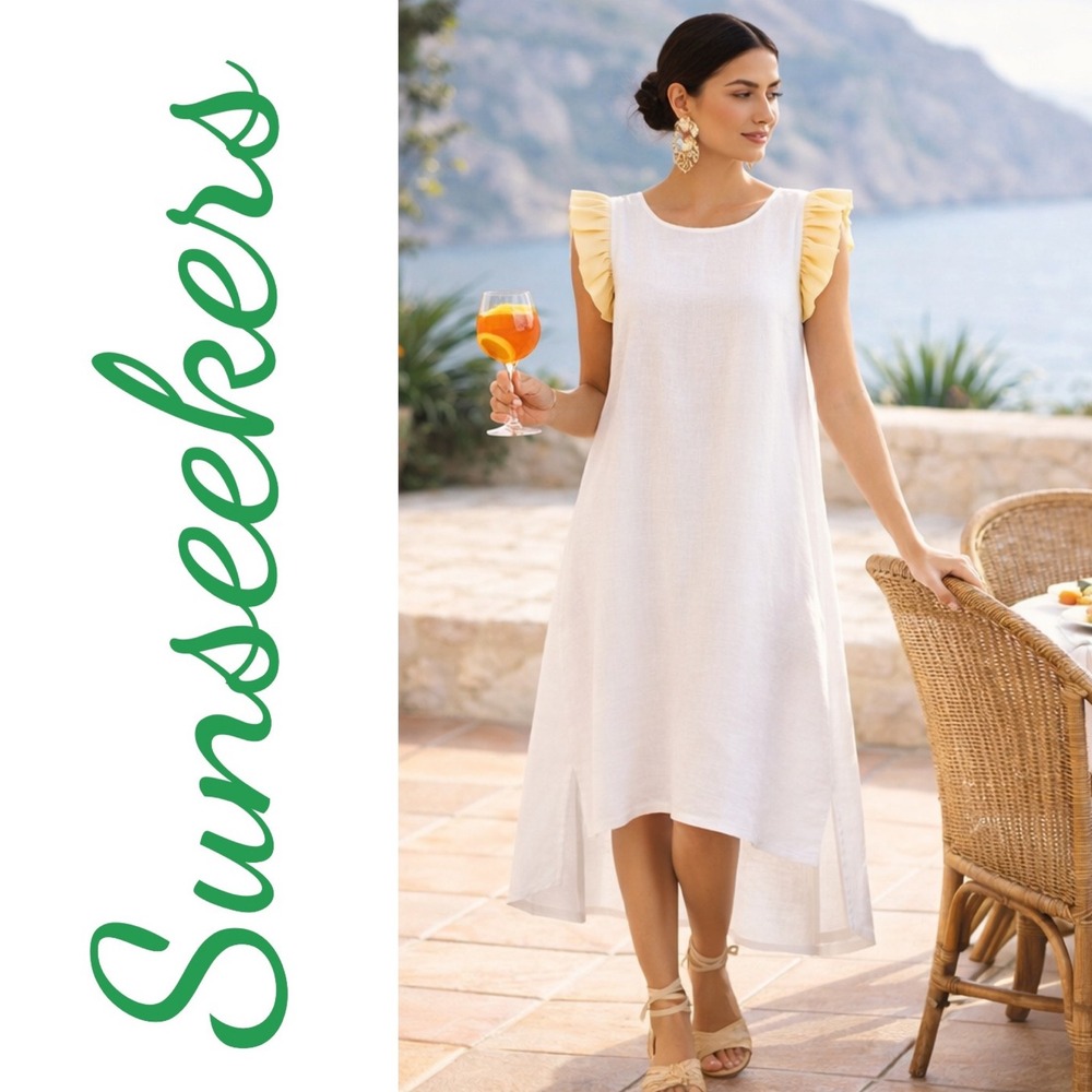 Sunseekers NWT Yvonne Sunlight White Linen Ruffle Sleeve High Low Midi Dress, Sm